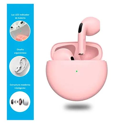 AUDIFONO BLUETOOTH INALAMBRICOS PRO 6 MODELO AIRPODS ROSA - 2