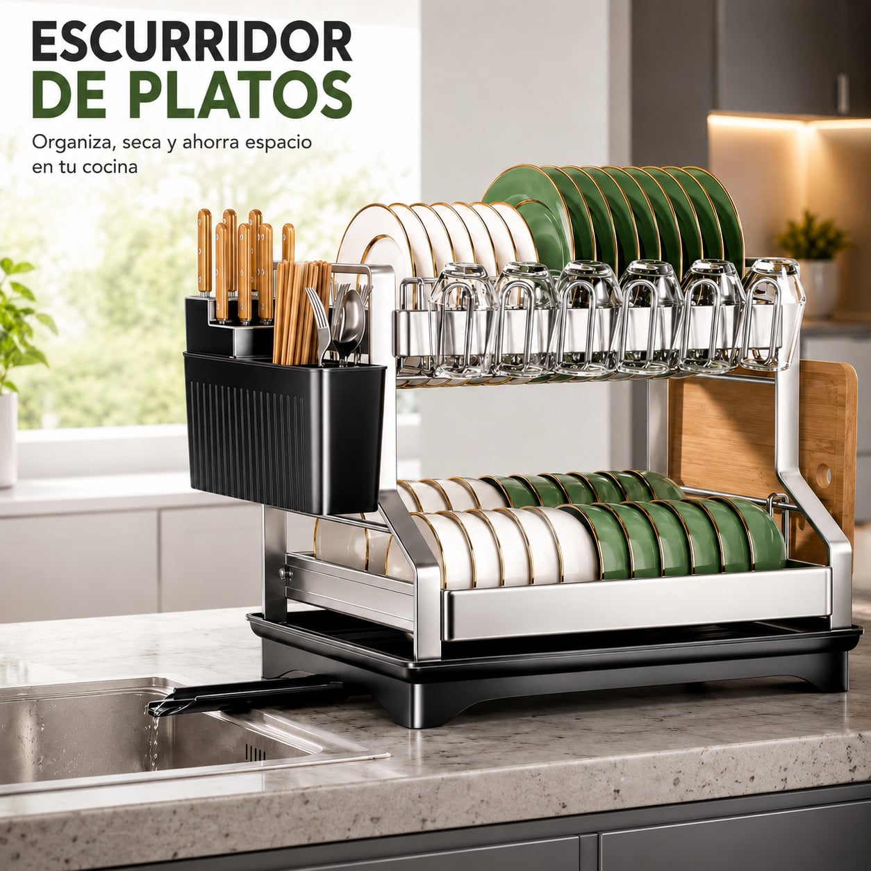 Escurridor de Platos de 2 Niveles Acero Inoxidable Organizador de cocina con Porta Cubiertos - 1