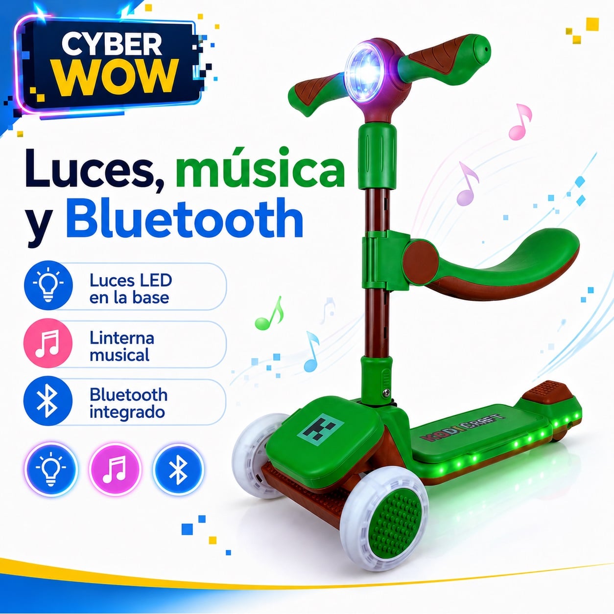 SCOOTER KODI KIDS LEGO, SCOOTER CON ASIENTO, SCOOTER PARA NIÑOS, MINECRAFT - 1