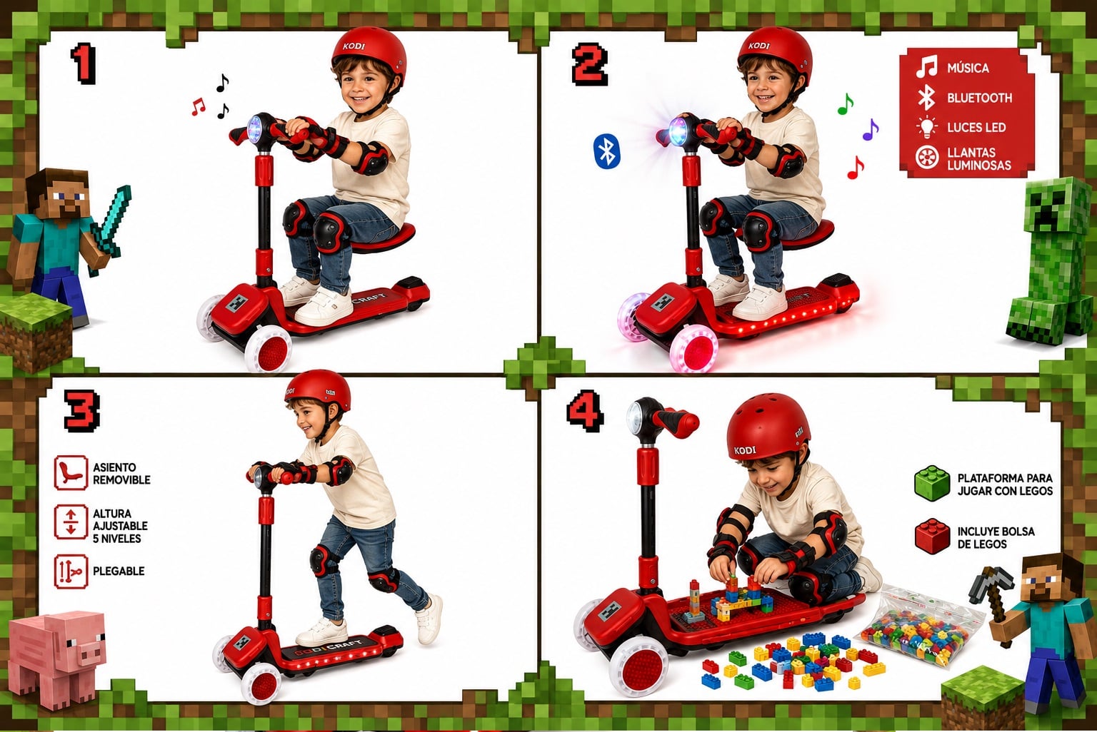 SCOOTER KODI KIDS LEGO, SCOOTER CON ASIENTO, SCOOTER PARA NIÑOS, MINECRAFT - 2