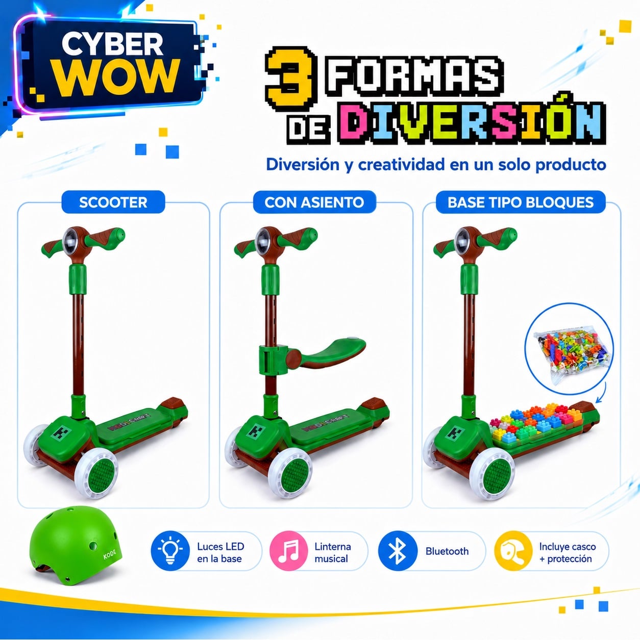 SCOOTER KODI KIDS LEGO, SCOOTER CON ASIENTO, SCOOTER PARA NIÑOS, MINECRAFT - 3