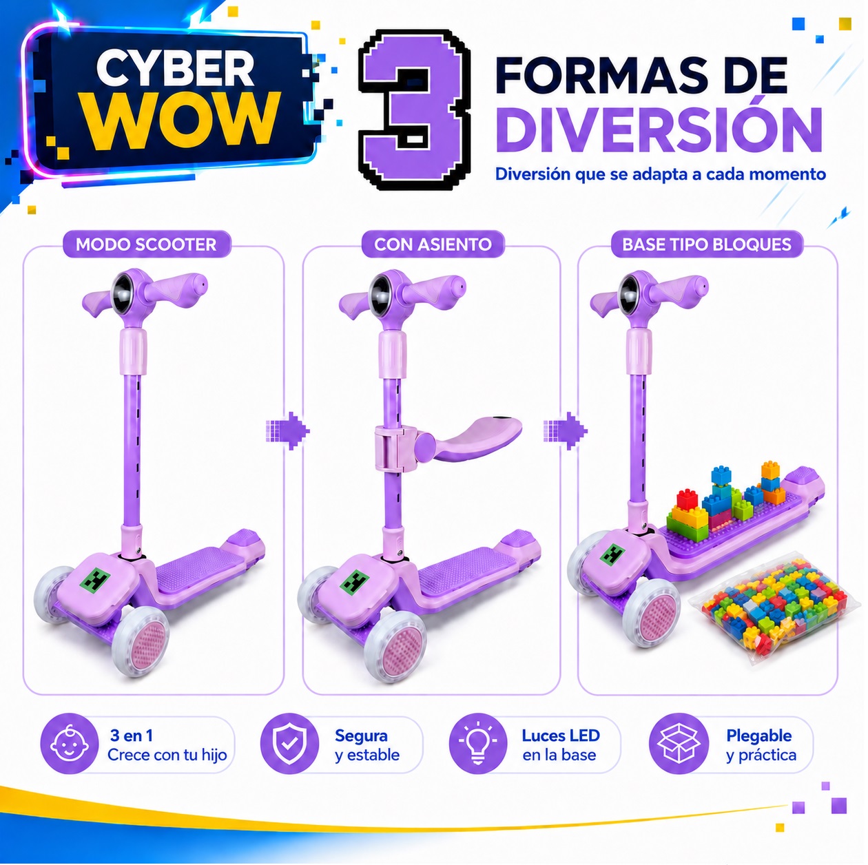 SCOOTER KODI KIDS LEGO, SCOOTER CON ASIENTO, SCOOTER PARA NIÑOS, MINECRAFT - 4