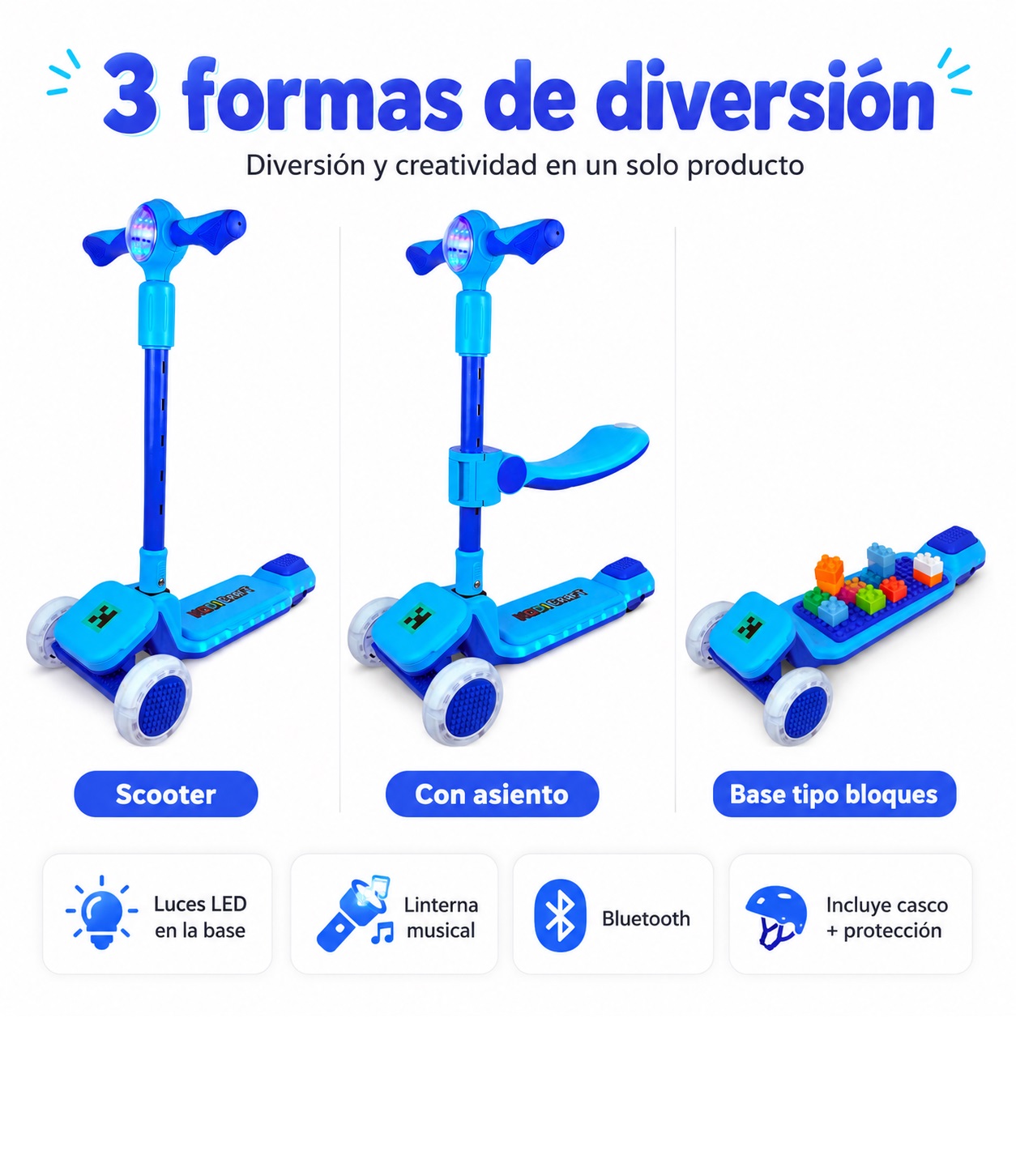 SCOOTER KODI KIDS LEGO, SCOOTER CON ASIENTO, SCOOTER PARA NIÑOS, MINECRAFT - 6