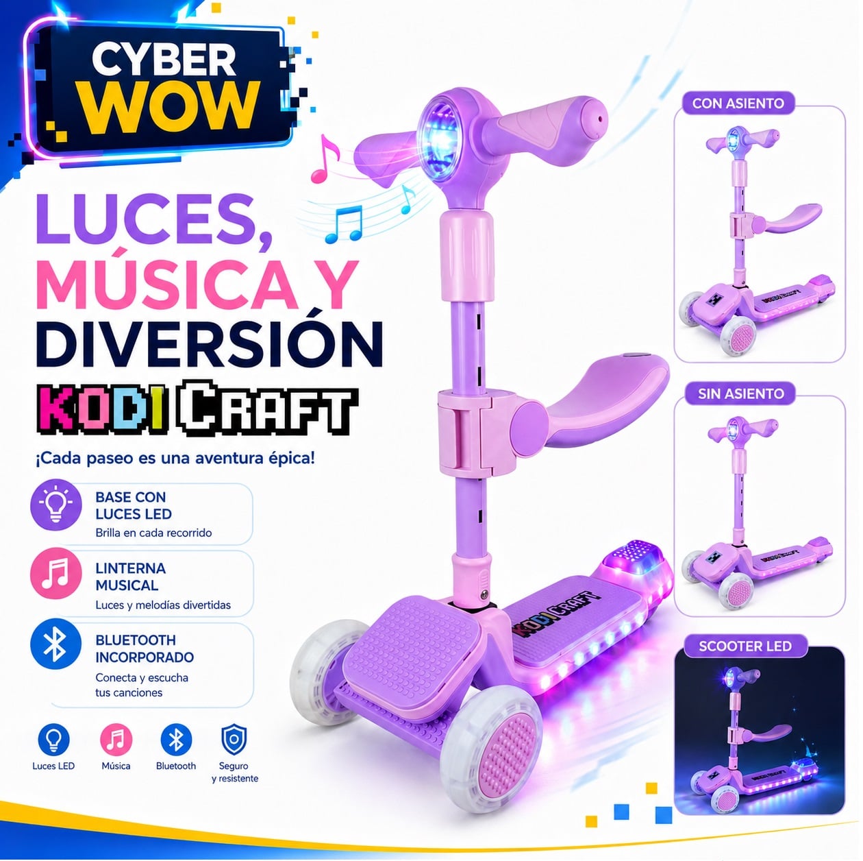 SCOOTER KODI KIDS LEGO, SCOOTER CON ASIENTO, SCOOTER PARA NIÑOS, MINECRAFT - 6