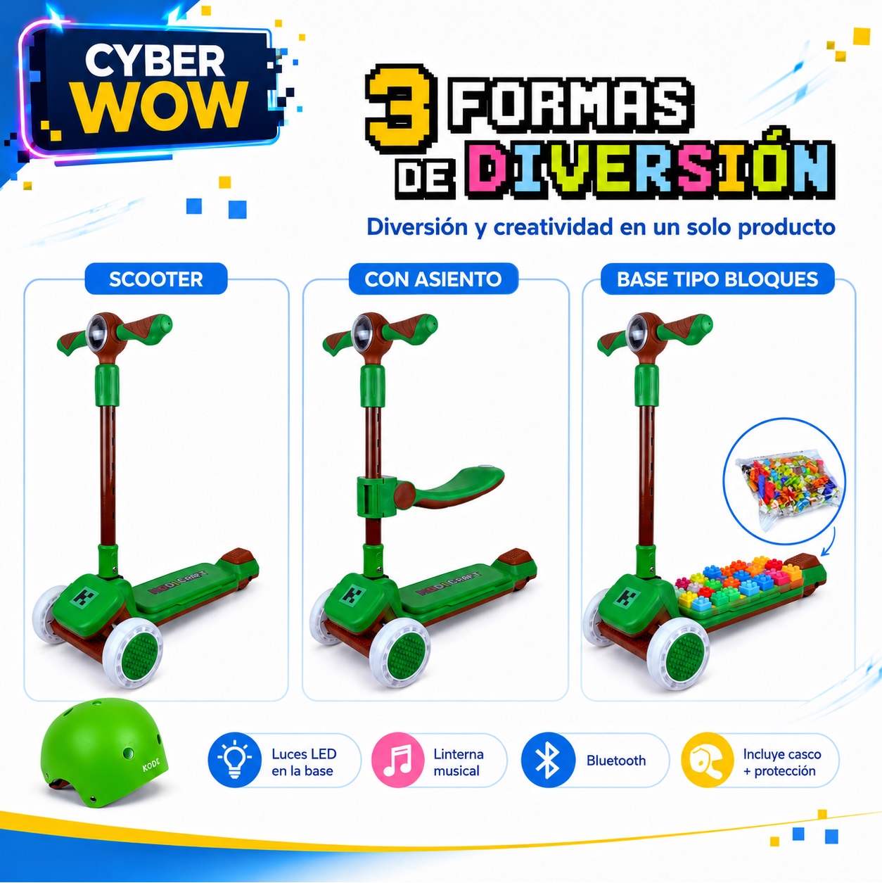 SCOOTER KODI KIDS LEGO, SCOOTER CON ASIENTO, SCOOTER PARA NIÑOS, MINECRAFT - 7