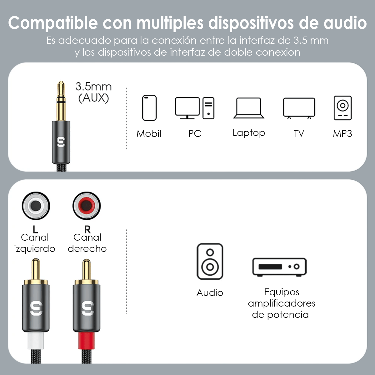 CABLE ADAPTADOR AUDIO 2 RCA A 1 JACK 3.5MM - 2M ALTA FIDELIDAD - 3