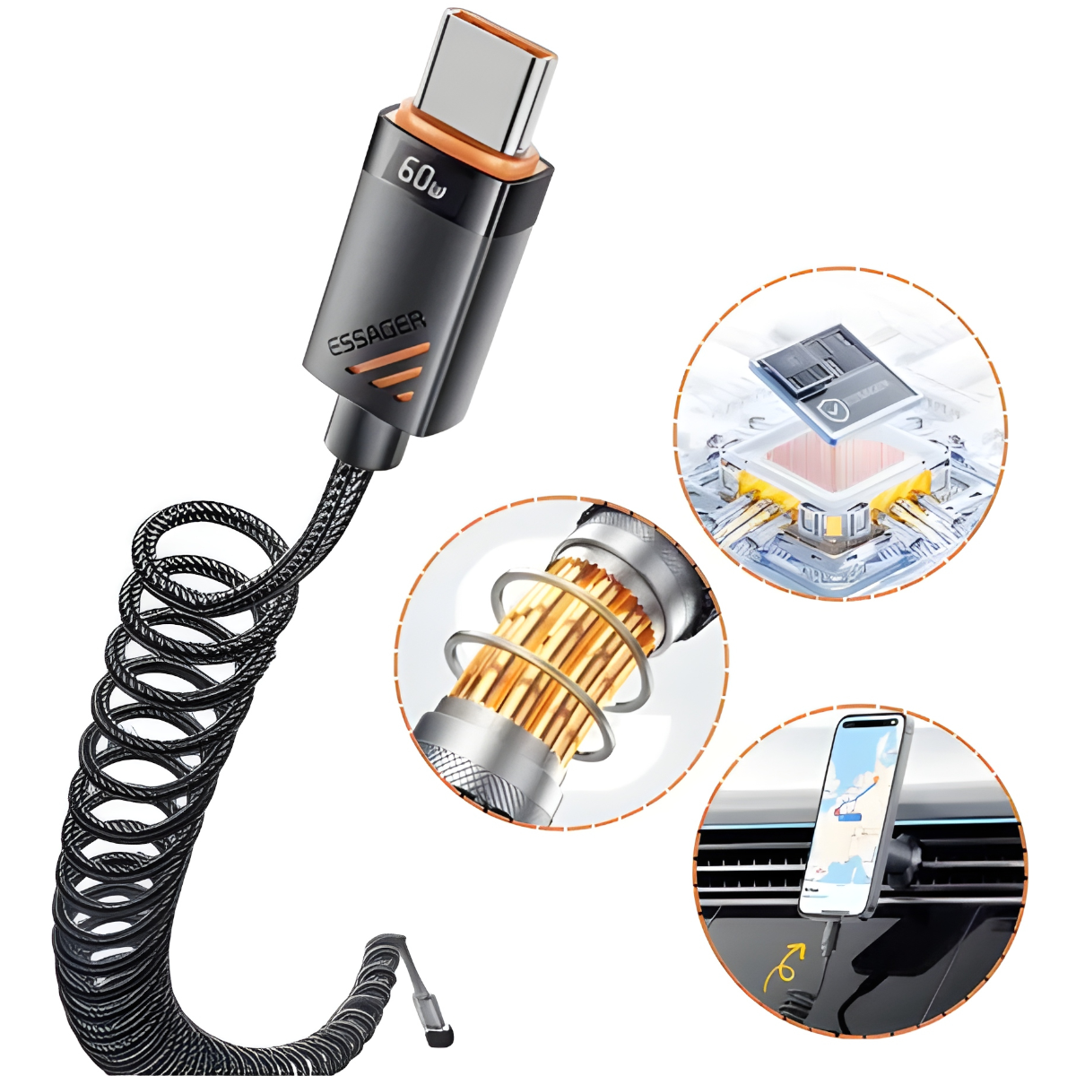 ESSAGER CABLE DE CARGA RÁPIDA 3A60W TIPO C PARA AUTOS - 2