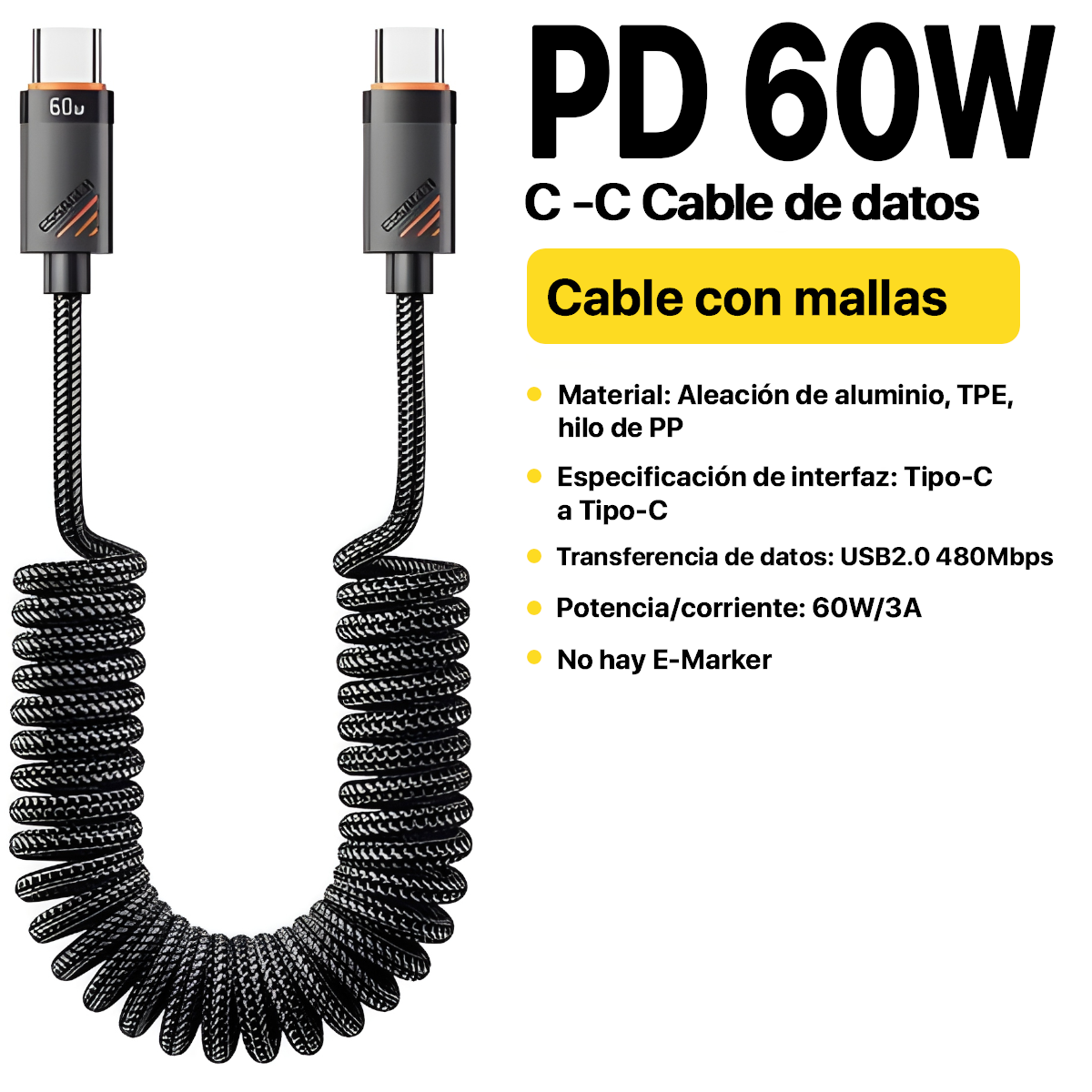 ESSAGER CABLE DE CARGA RÁPIDA 3A60W TIPO C PARA AUTOS - 3