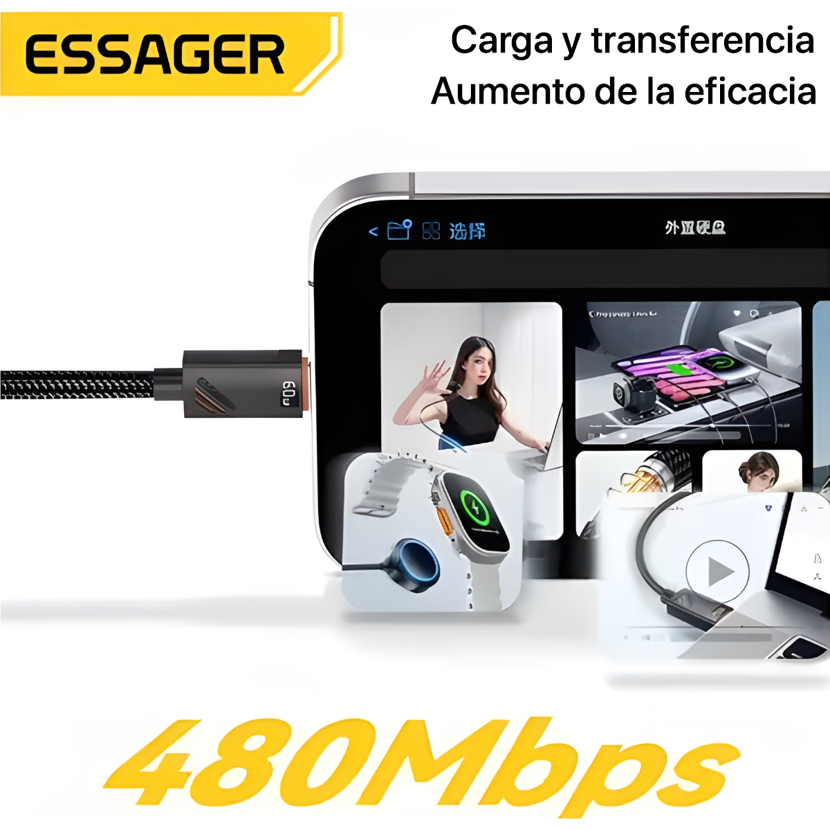 ESSAGER CABLE DE CARGA RÁPIDA 3A60W TIPO C PARA AUTOS - 6