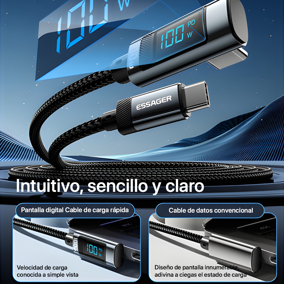 CABLE DE CARGA RÁPIDA ESSAGER  100W TIPO C IDEAL PARA ANDROID Y MACBOOK - 3