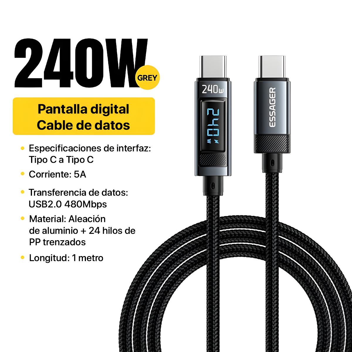 CABLE DE CARGA RÁPIDA ESSAGER  240 W USB C  PARA MACBOOK, SANSUNG, XIAOMI - 2