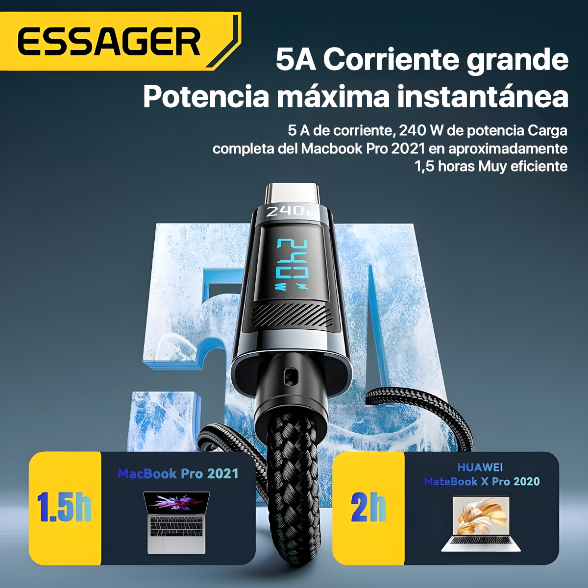 CABLE DE CARGA RÁPIDA ESSAGER  240 W USB C  PARA MACBOOK, SANSUNG, XIAOMI - 3