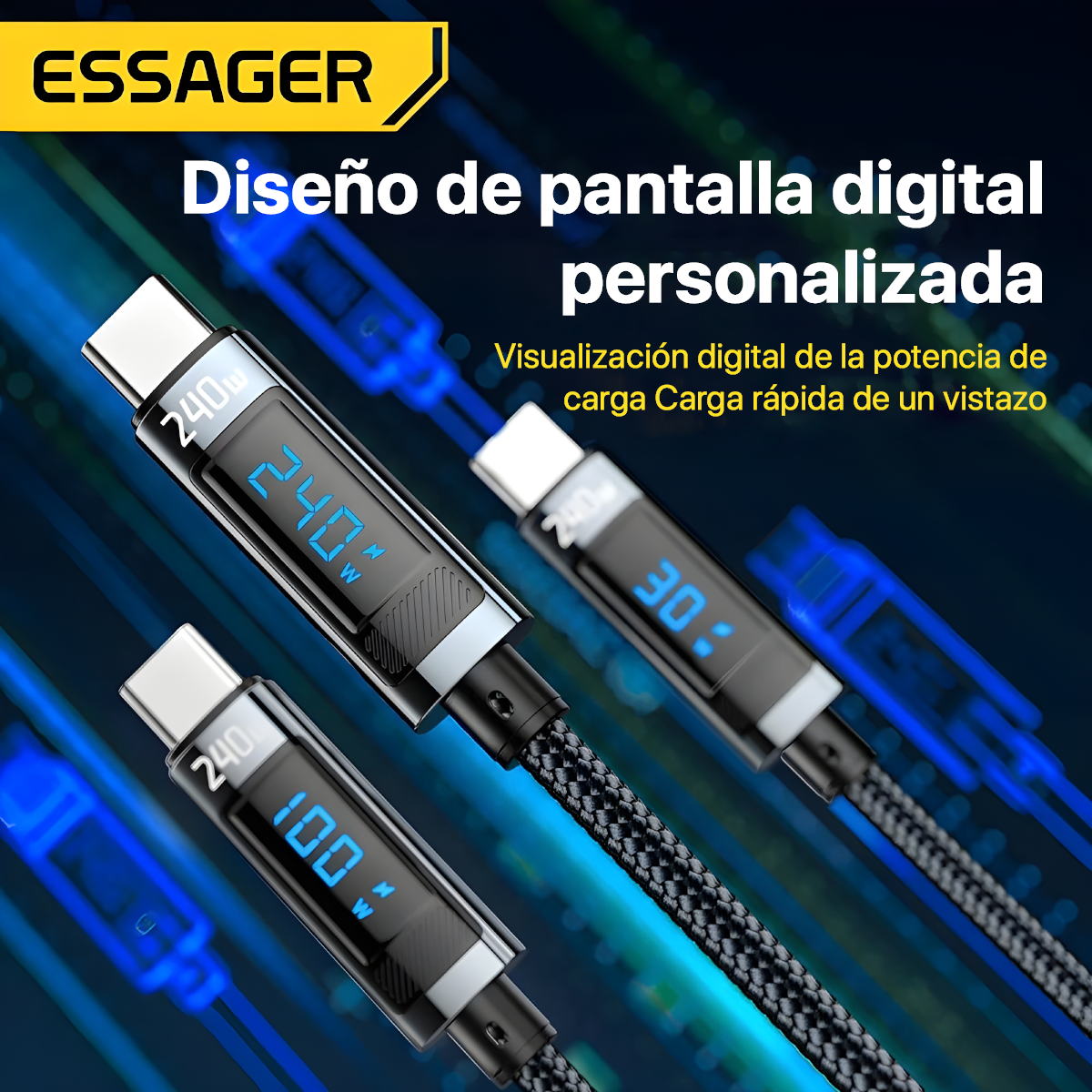 CABLE DE CARGA RÁPIDA ESSAGER  240 W USB C  PARA MACBOOK, SANSUNG, XIAOMI - 4