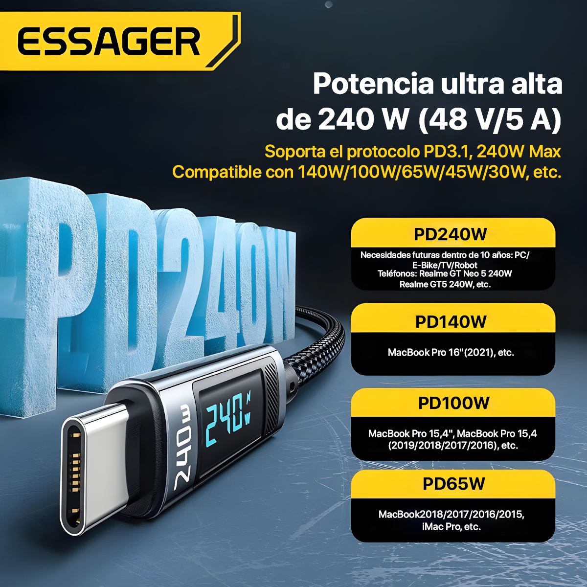 CABLE DE CARGA RÁPIDA ESSAGER  240 W USB C  PARA MACBOOK, SANSUNG, XIAOMI - 5