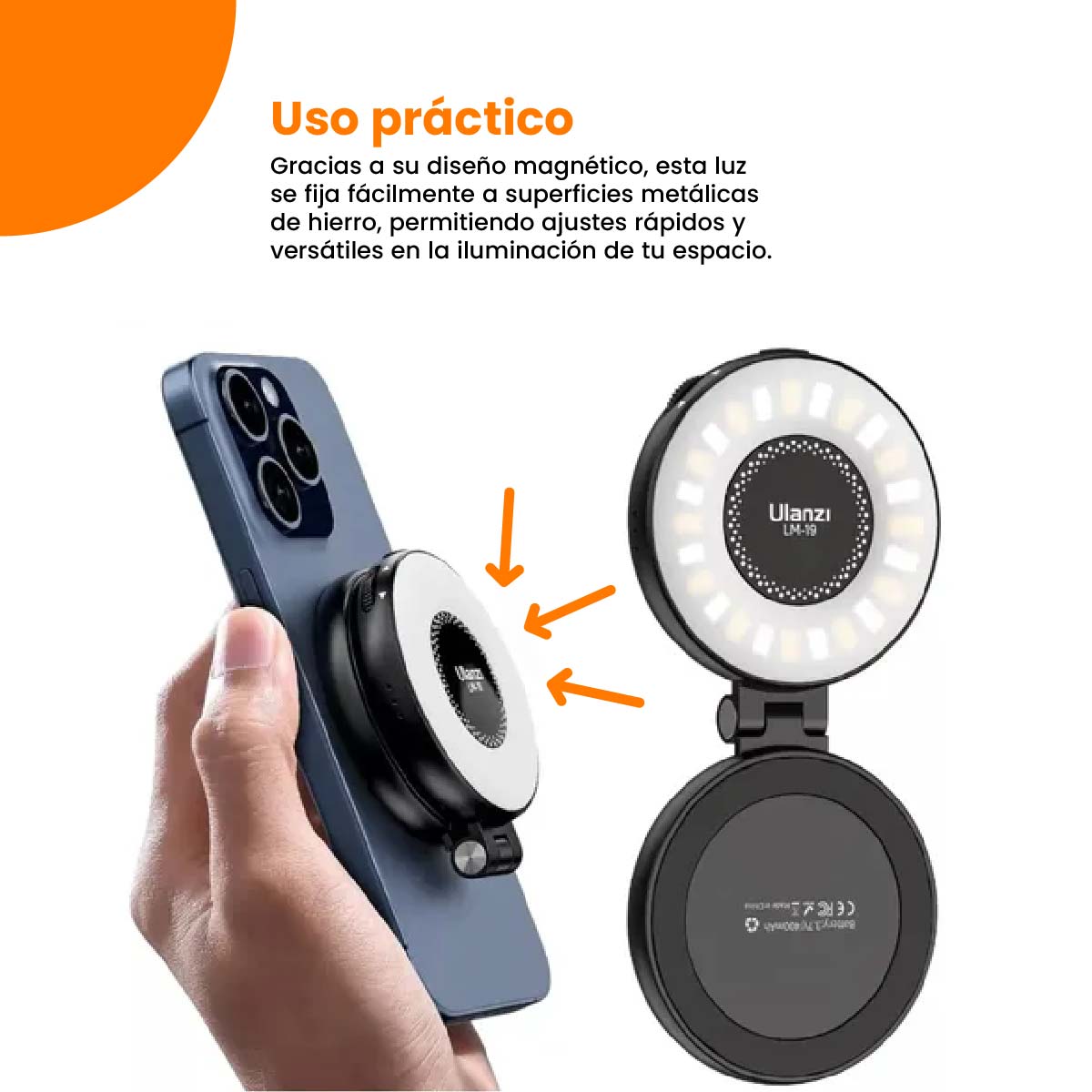 MINI ARO DE LUZ  LED ULANZI LM19 MAGSAFE PARA CELULAR COLOR NEGRO - 4