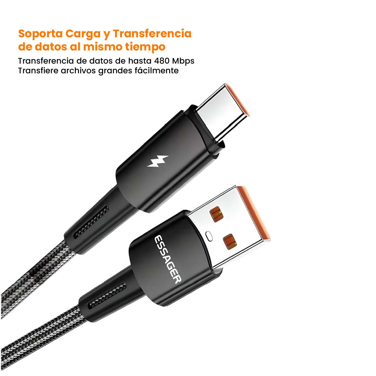 CABLE DE CARGA RÁPIDA DE 1M ESSAGER 120W DE USB A-USB C COLOR  NEGRO - 4