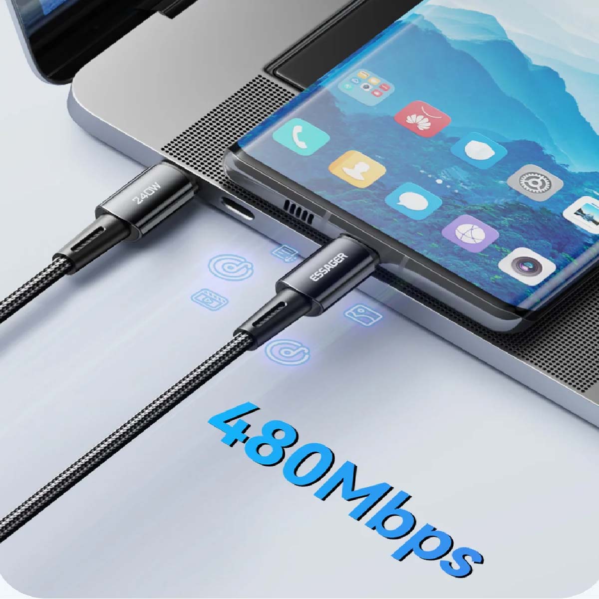 CABLE DE CARGA RAPIDA ESSAGER USB C- USB C 240W DE 1M COLOR NEGRO - 3