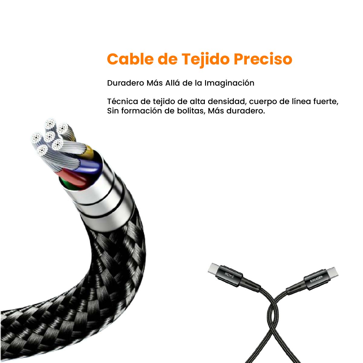 CABLE DE CARGA RAPIDA ESSAGER USB C- USB C 240W DE 1M COLOR NEGRO - 4
