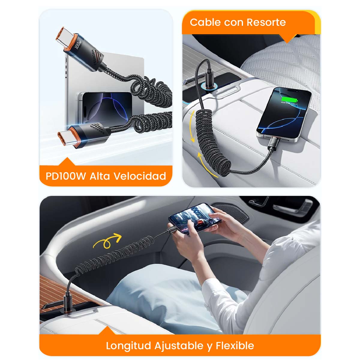 CABLE DE CARGA RÁPIDA ESSAGER 5A 100W DE USB C-USB C COLOR NEGRO - 5