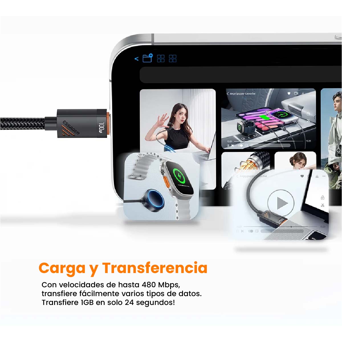 CABLE DE CARGA RÁPIDA ESSAGER 5A 100W DE USB C-USB C COLOR NEGRO - 6