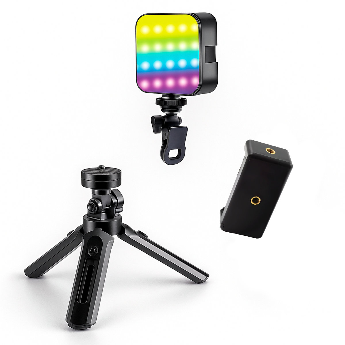 TRÍPODE UNIVERSAL15 CM ZX-322 + MINI LUZ LED RGB AY-83 + ADAPTADOR - 1