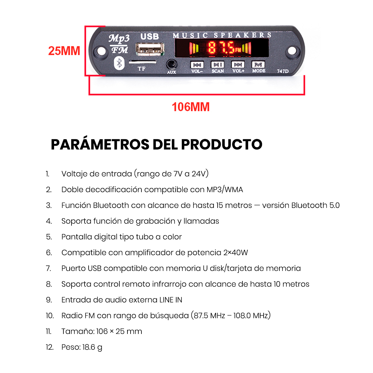 PANEL AMPLIFICADOR DE SONIDO 80 WATTS BLUETOOTH 5.0 MP3 FM Y AUXILIAR - 6