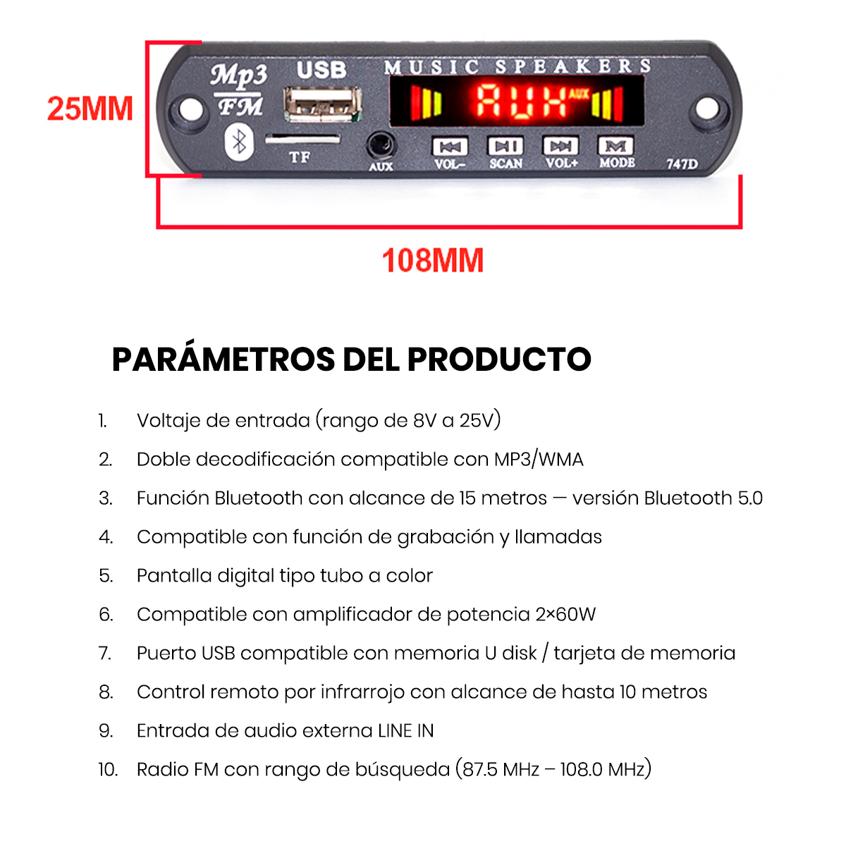 PANEL AMPLIFICADOR DE SONIDO 120 WATTS BLUETOOTH 5.0 MP3 FM AUXILIAR - 4