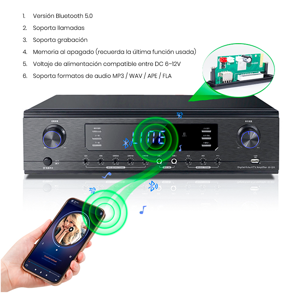 PANEL AMPLIFICADOR DE SONIDO 120 WATTS BLUETOOTH 5.0 MP3 FM AUXILIAR - 6
