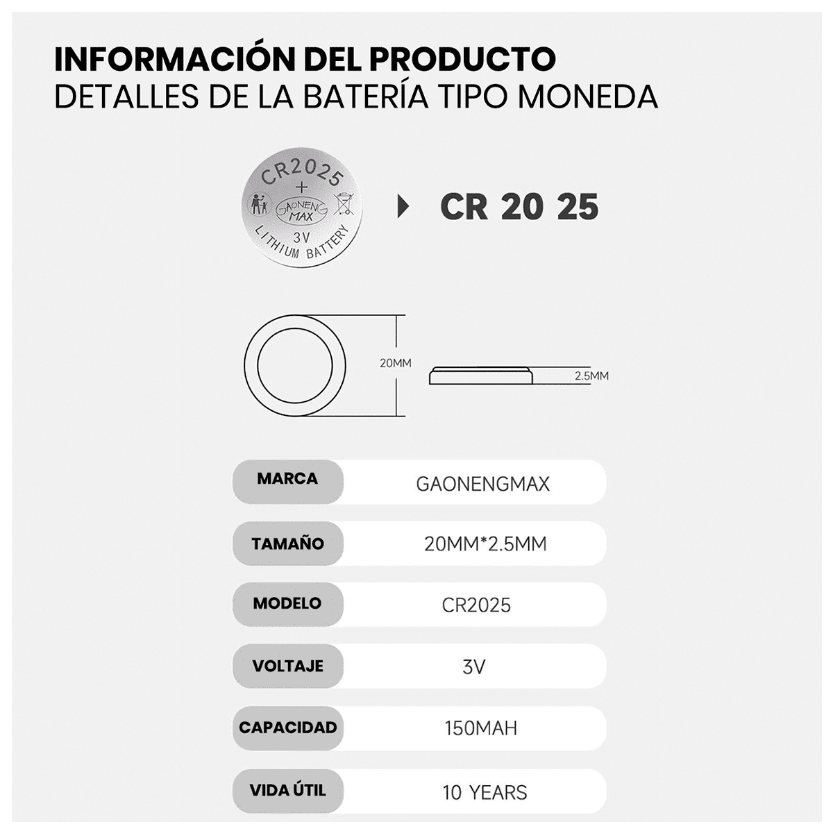 PILA BOTÓN CR2025 3V PACK X 5 - 5