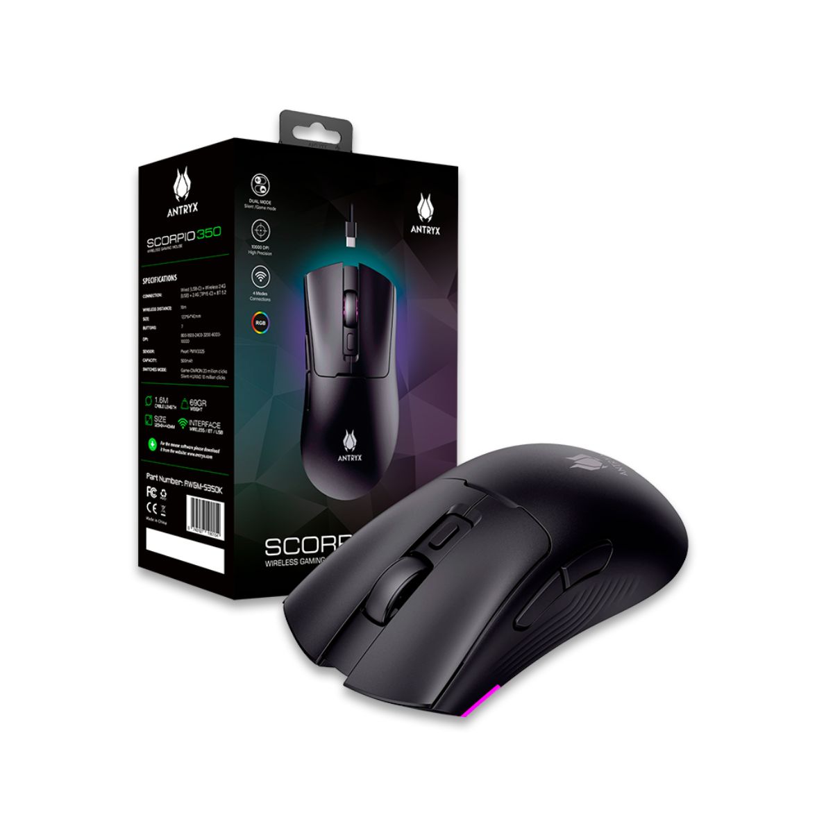 MOUSE GAMING WIRELESS ANTRYX SCORPIO 350, DPI 10000, 2.4G USB, 2.4G TIPO-C, BT - 3