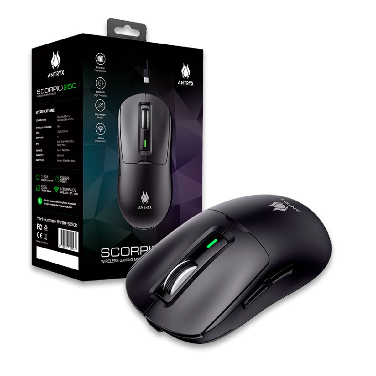 MOUSE GAMING WIRELESS ANTRYX SCORPIO 250, DPI 8000, 2.4G, BT (AWGM-S250K) - 3