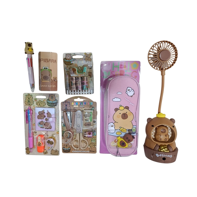 SET ESCOLAR Y DE OFICINA CAPIBARA  ESTUCHE ÚTILES CINTA DECORATIVA Y MINI VENTILADOR - 2