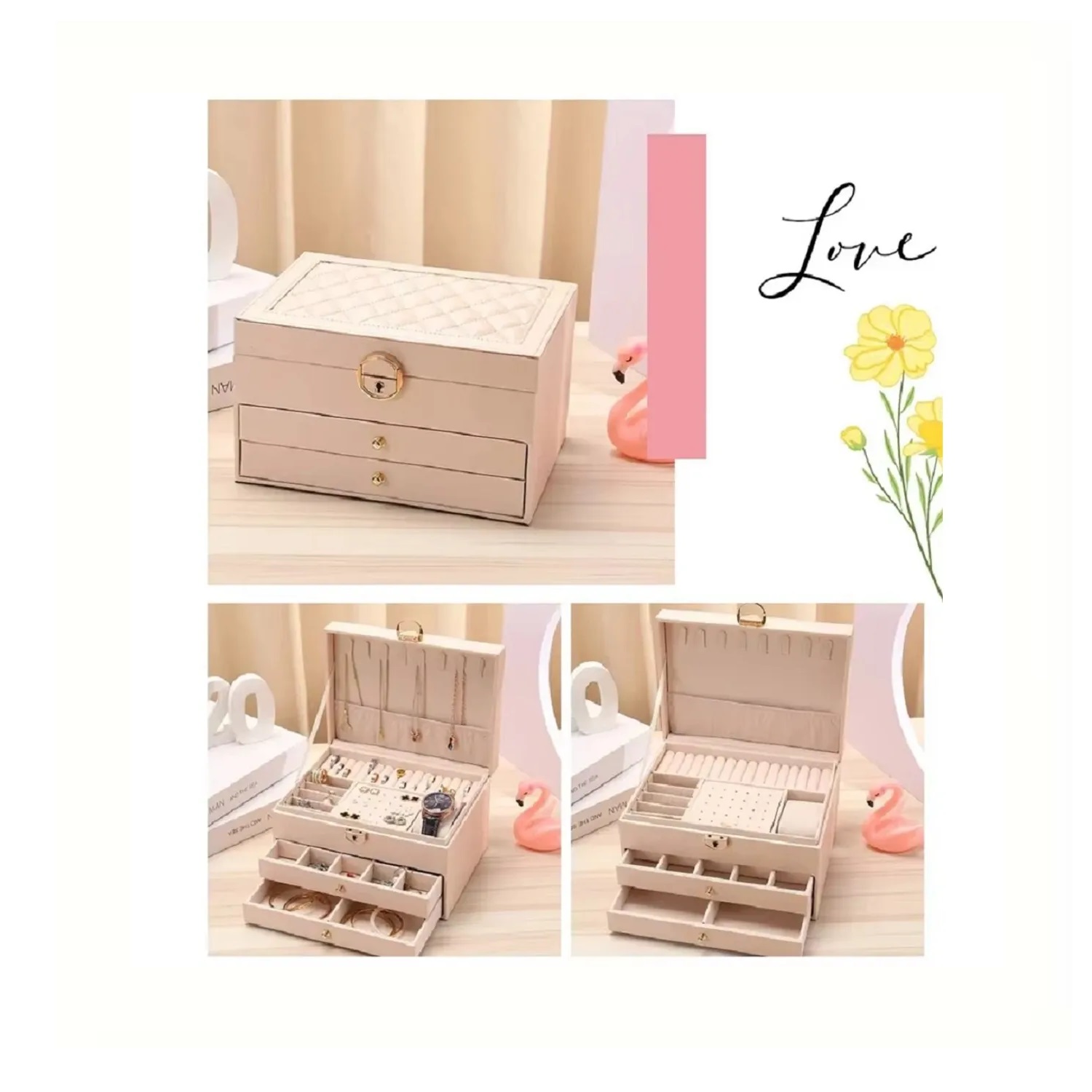 JOYERO COFRE ORGANIZADOR DE JOYAS 3 NIVELES ROSA - 10