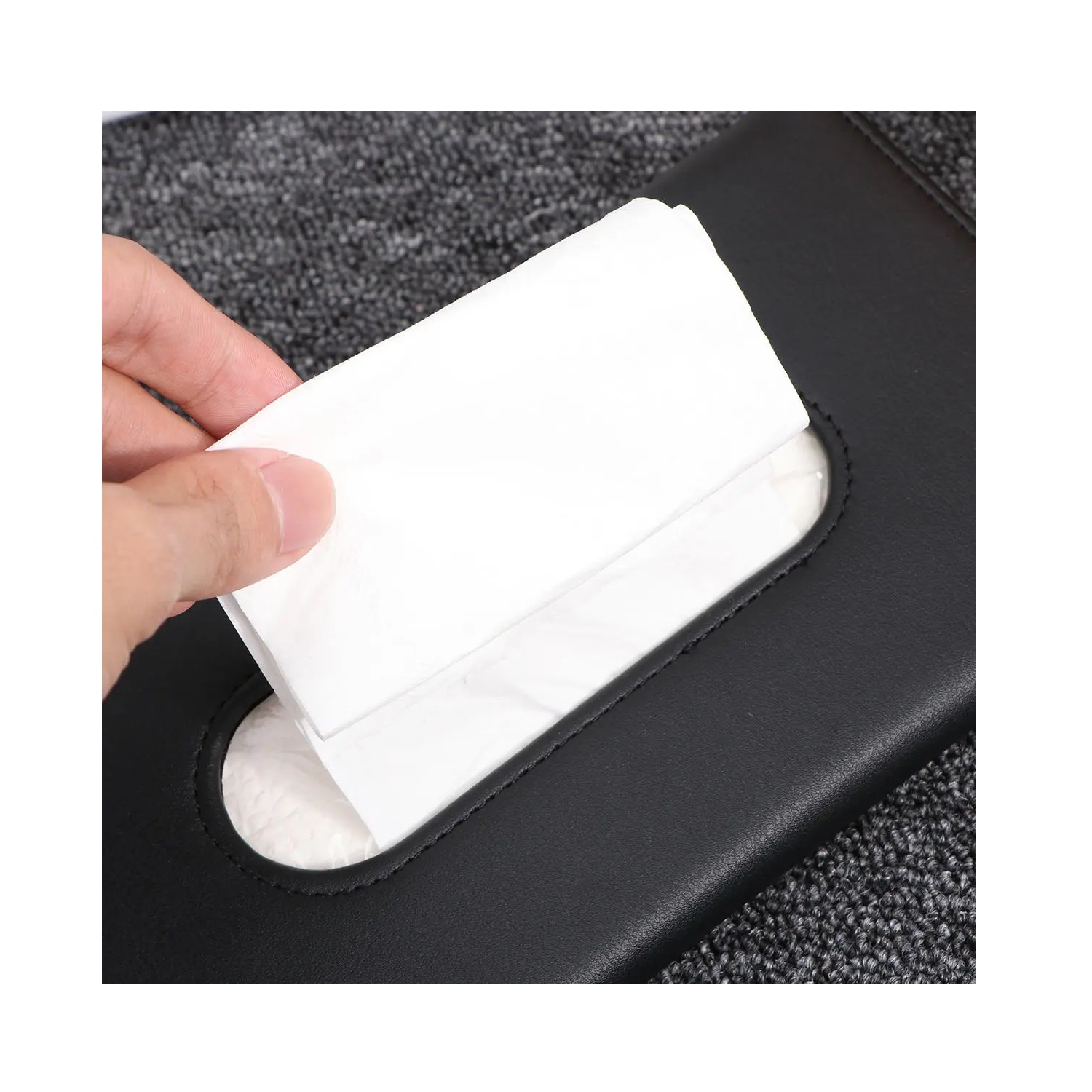 CAJA PORTA PAÑUELOS PARA AUTO DE CUERO PU NEGRO COMPACTA Y ELEGANTE TM - 3