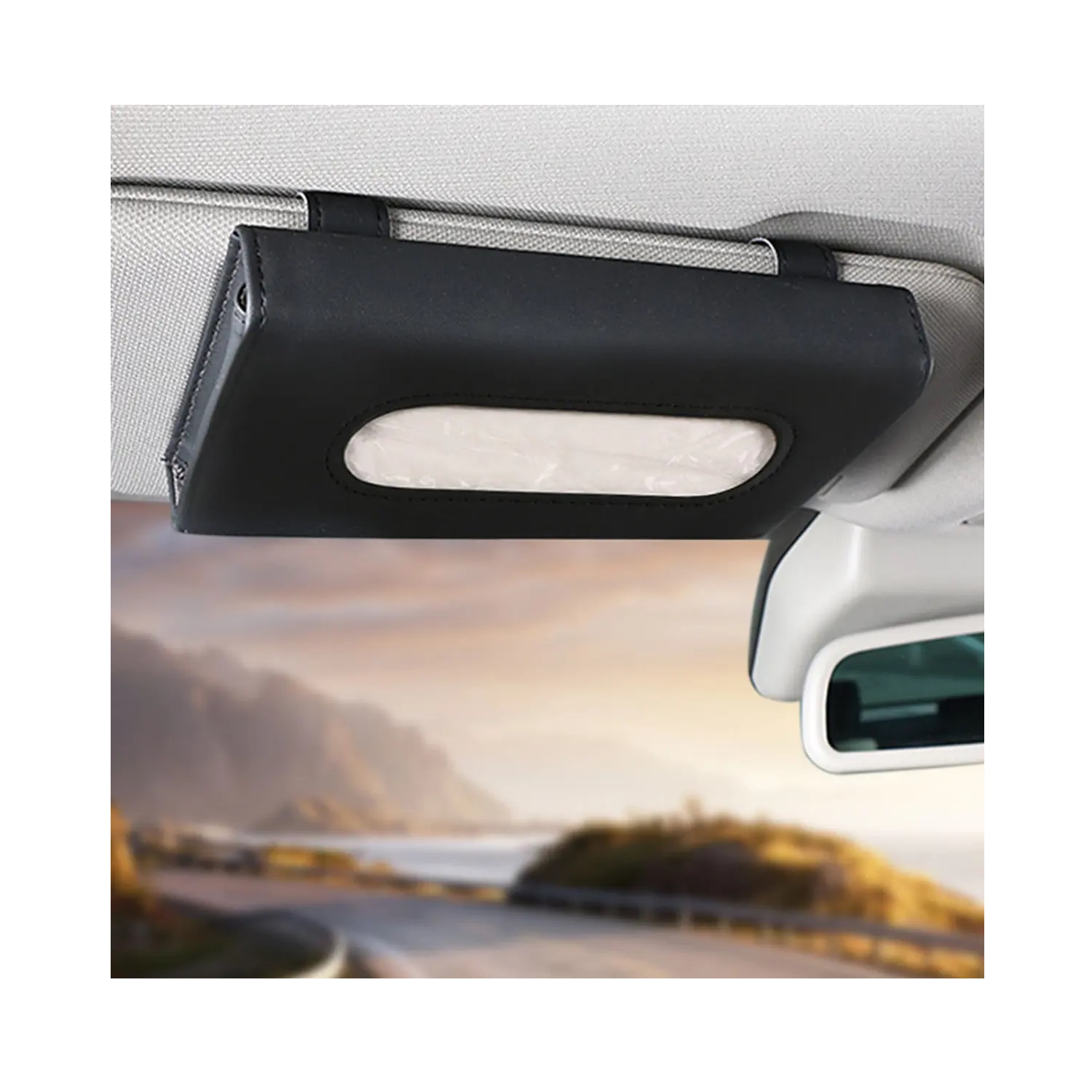 CAJA PORTA PAÑUELOS PARA AUTO DE CUERO PU NEGRO COMPACTA Y ELEGANTE TM - 5