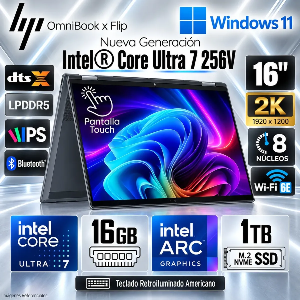 LAPTOP HP OMNIBOOK X FLIP 2 EN 1 16' 2K CORE ULTRA 7 16GB 1TB SSD NGAI 47 NPU AI BOOST READY LAPTOP TACTIL ULTRA VELOZ - 1