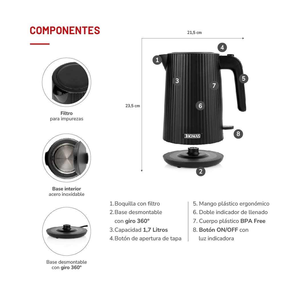 HERVIDOR ELÉCTRICO THOMAS TH-4343N 1.8LTS 2200W - 6