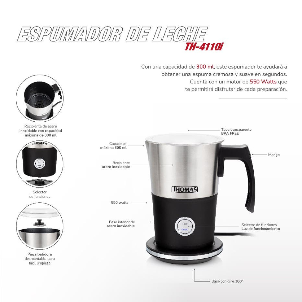 ESPUMADOR DE LECHE THOMAS TH-4110I 300ML 4 EN 1 - 5
