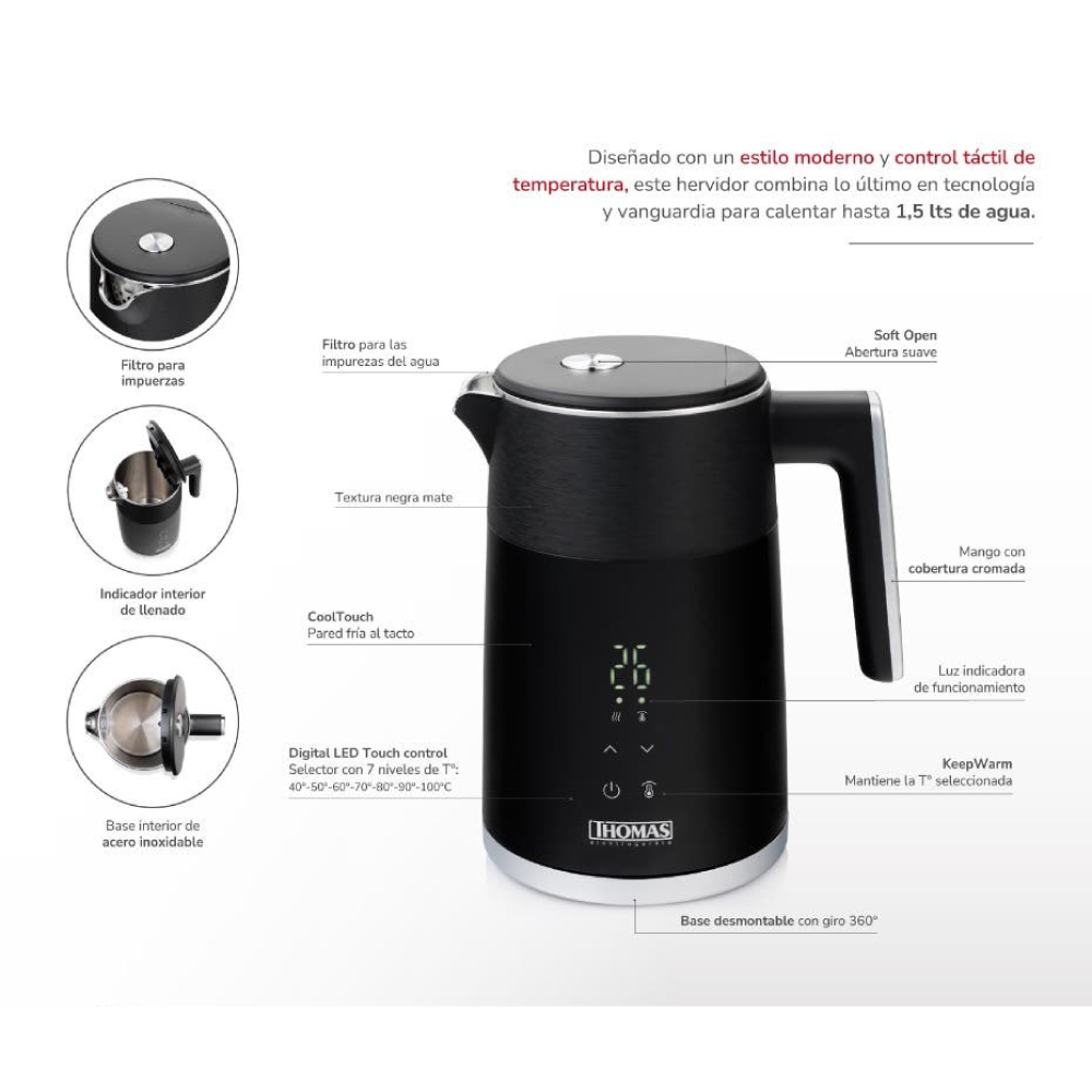 HERVIDOR ELÉCTRICO THOMAS TH-6220DN DIGITAL LED TOUCH CONTROL 1.5LTS - 6