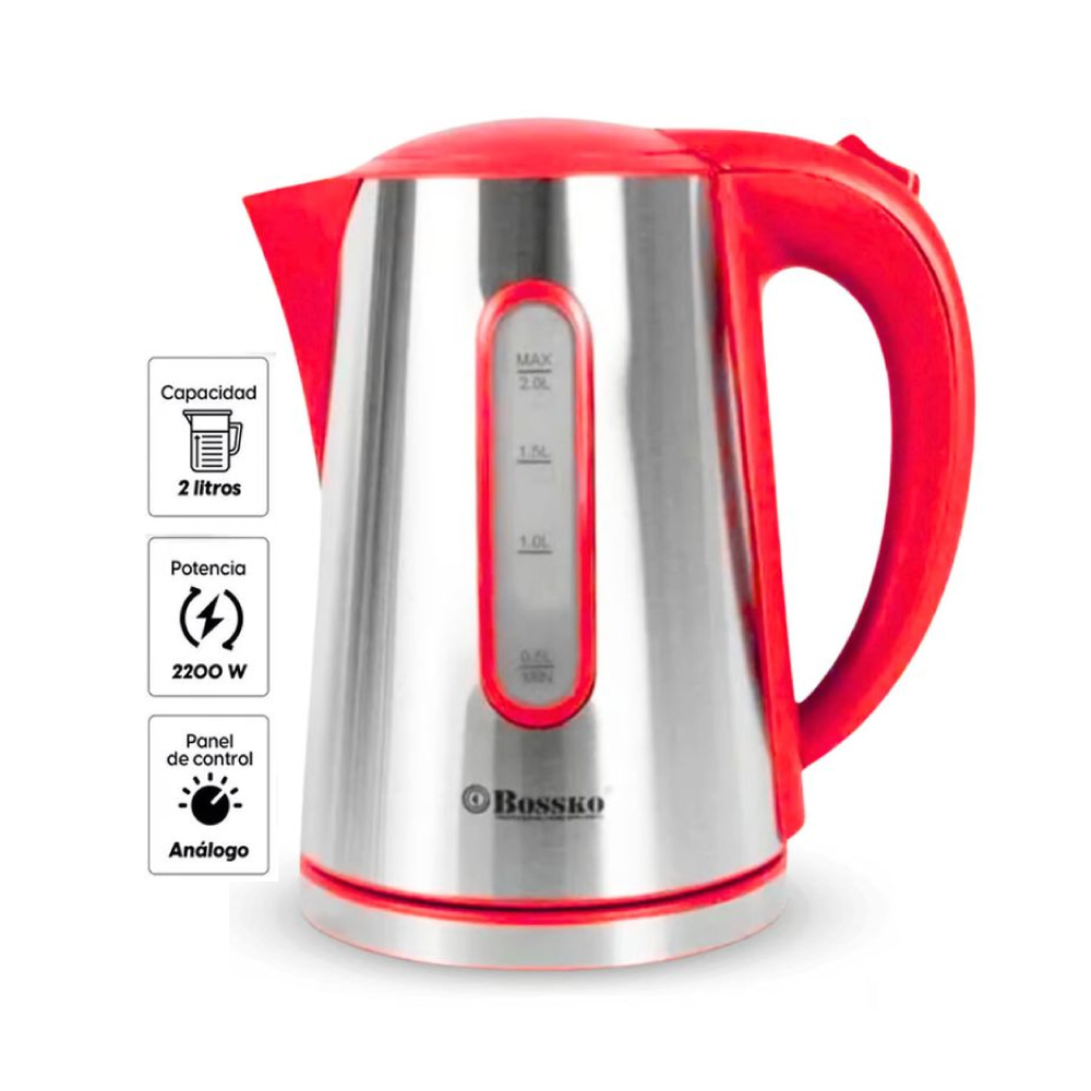 HERVIDOR ELÉCTRICO BOSSKO BK-208B 2200W 2LTS ROJO - 1