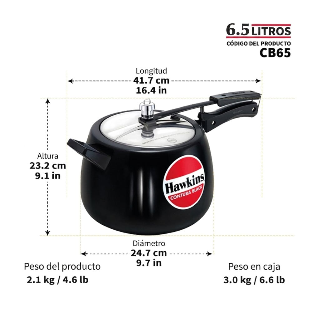 OLLA DE PRESIÓN HAWKINS HANDI CONTURA CB65 6.5 LITROS NEGRA - 3