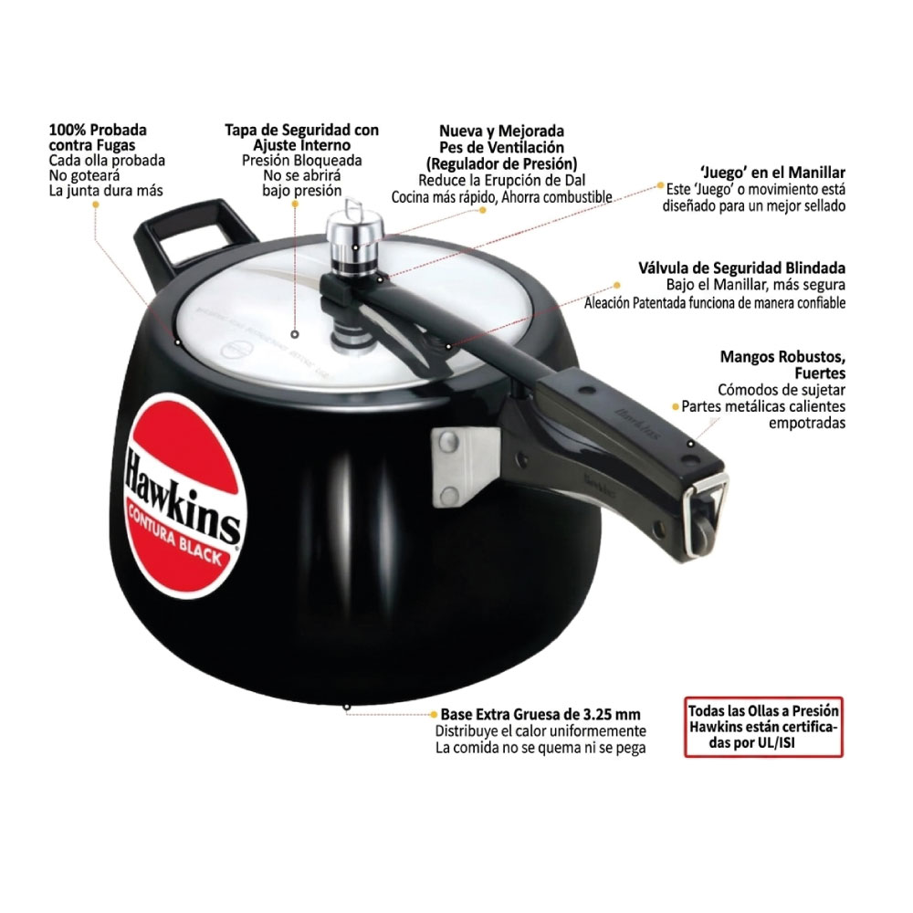 OLLA DE PRESIÓN HAWKINS HANDI CONTURA CB50 5 LITROS NEGRA - 3