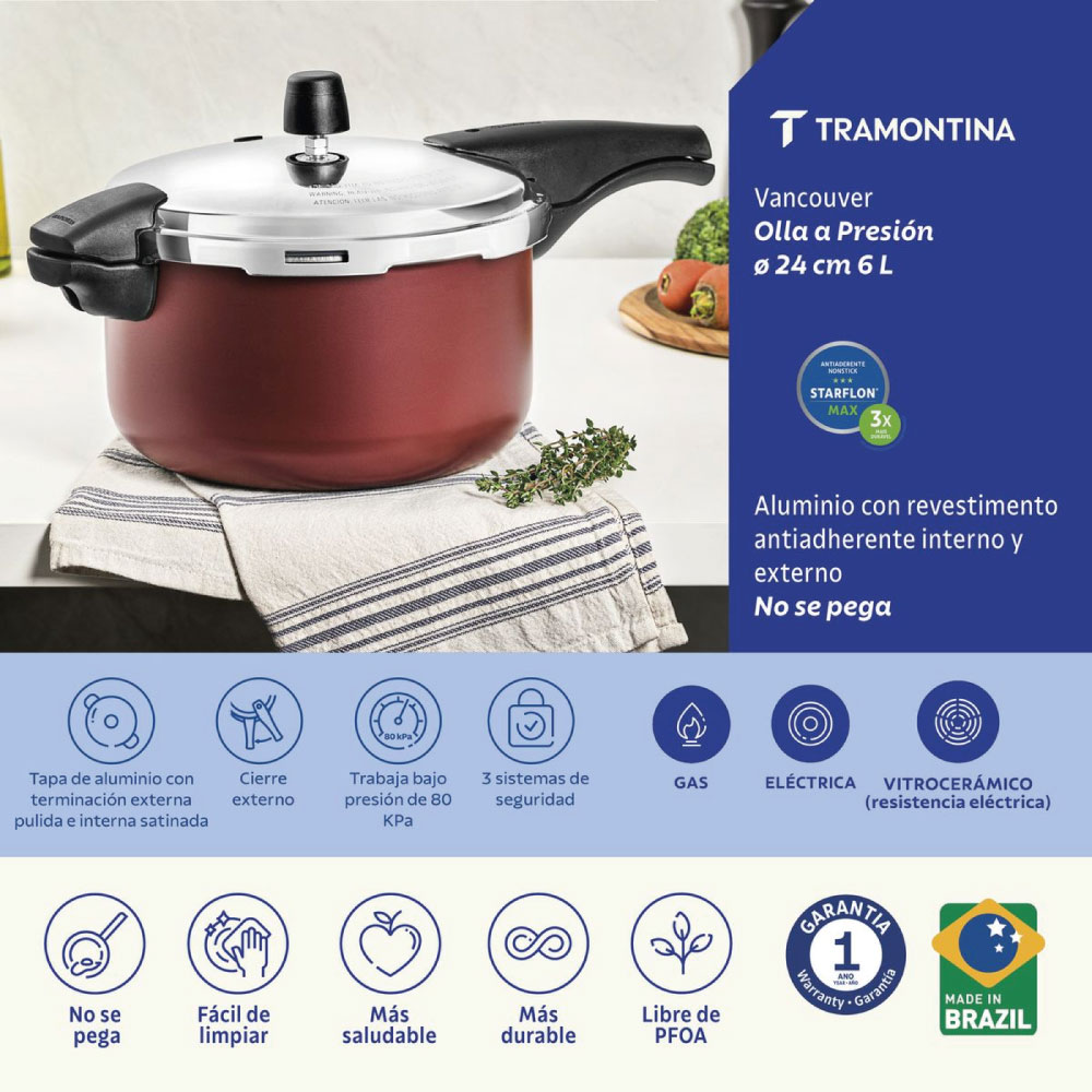OLLA DE PRESIÓN TRAMONTINA VANCOUVER 24 CM 6 L ROJO - 6