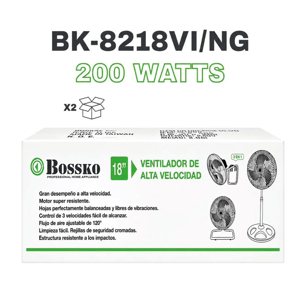 VENTILADOR BOSSKO BK-8218VI PEDESTAL 3 EN 1 DE 18' 2 UNI. POR CAJA - 5