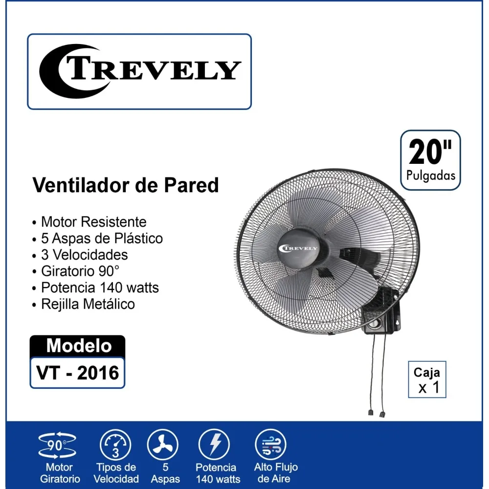 VENTILADOR DE PARED TREVELY VT-2016 DE 20' 140W - 5