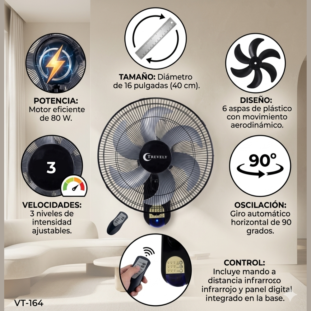 VENTILADOR DE PARED TREVELY VT-164 DE 16' 80W - 5