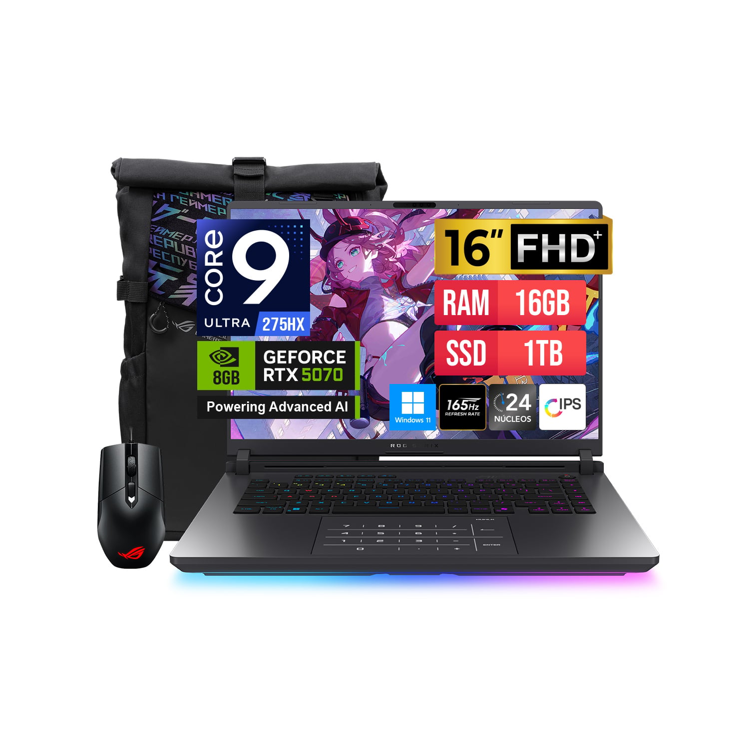 LAPTOP ASUS ROG STRIX G16 ULTRA 9 275HX 1TB DISCO 16GB DDR5 RTX5070 8GB 16'FHD 165HZ WIN11H MOCHILA+MOUSE-ADA.TIPOC. - 1