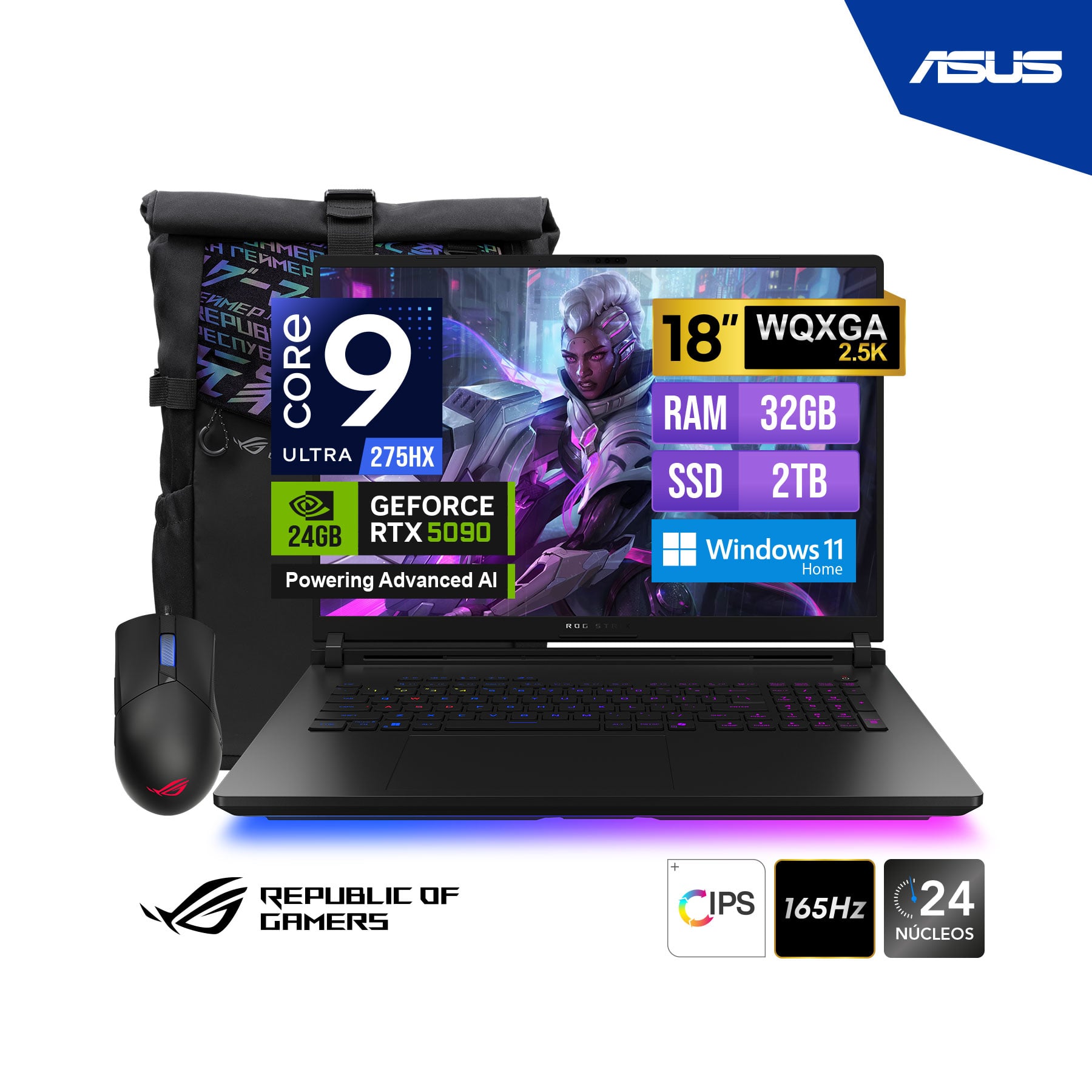 LAPTOP ASUS ROG STRIX SCAR G835LX-SA119W 18 ULTRA 9 275HX 2.7GHZ 2TB SSD/32GB/RTX5090 24GB/18' 25K IPS 240HZ/MOCHILA-MOUSE - 1