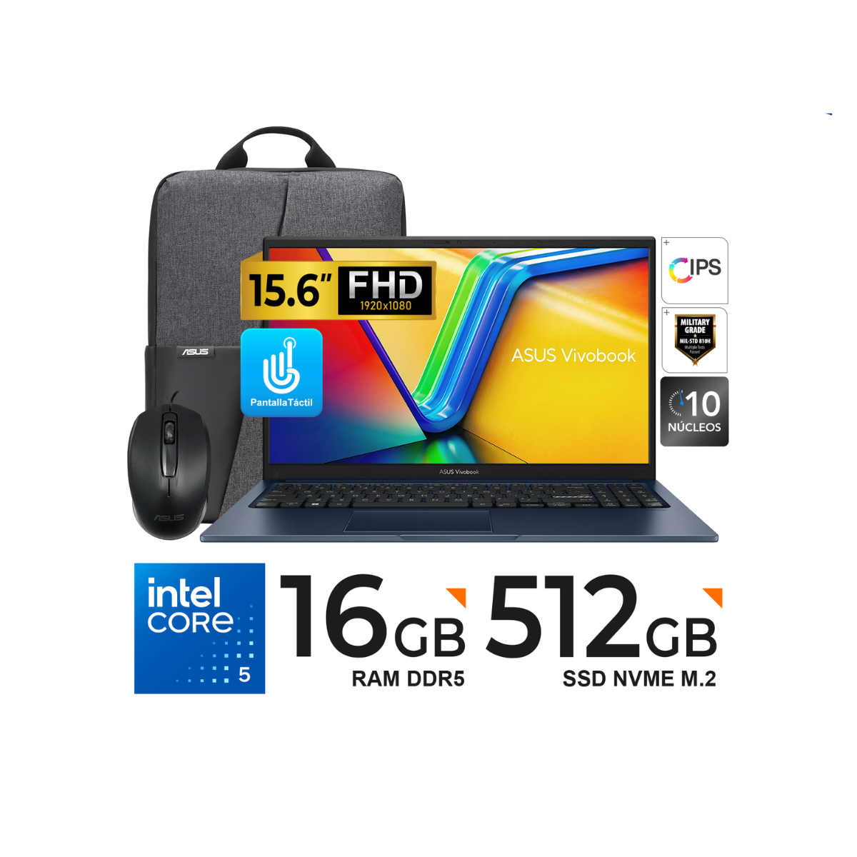 LAPTOP ASUS VIVOBOOK 15 X1504VA-E84630 15.6' FHD IPS TOUCH CORE 5-120U 16GB DDR5 512GB SSD MOUSE + MOCHILA - 1