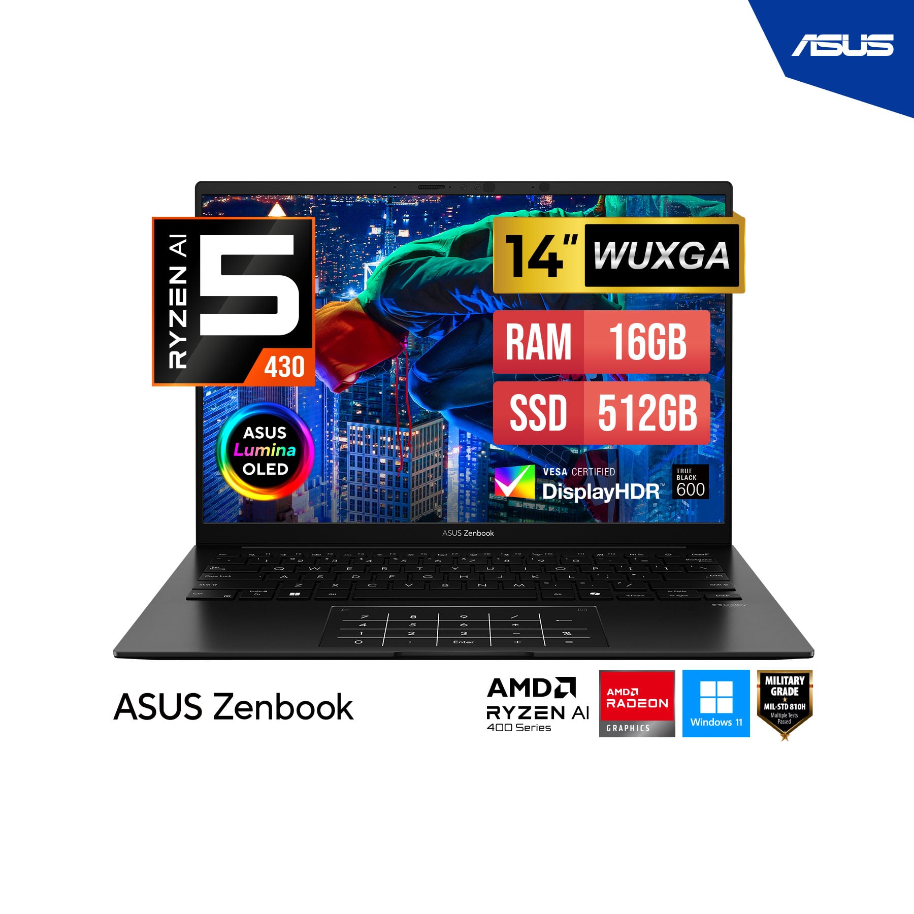 LAPTOP ASUS ZENBOOK UM3406GA-QD047W AMD RYZEN AI 5 430 RAM 16GB DISCO 512GB SSD 14' WUXGA OLED WINDOWS 11 - 1